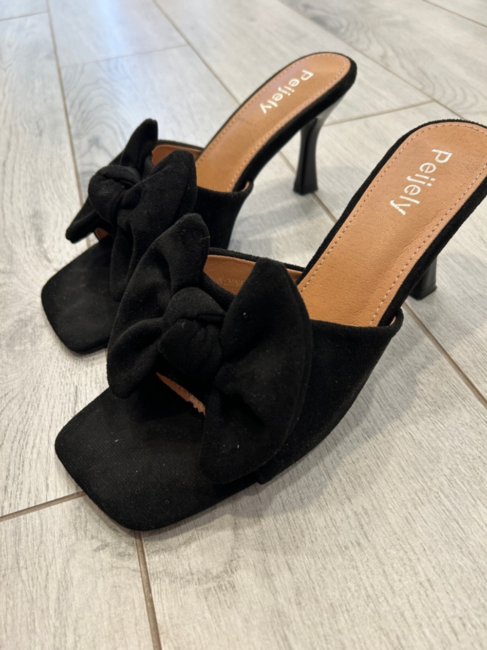 Black Bow-Accent Suede Mule Heels